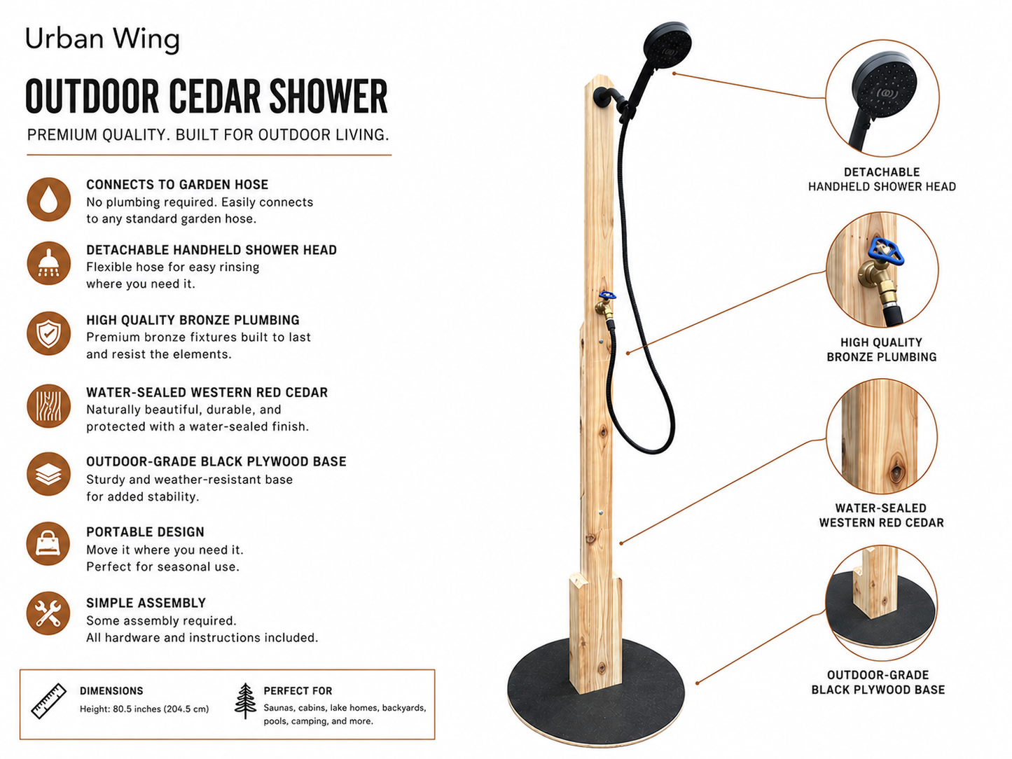 Cedar Outdoor Shower with Brass Plumbing | Portable Garden Hose Shower